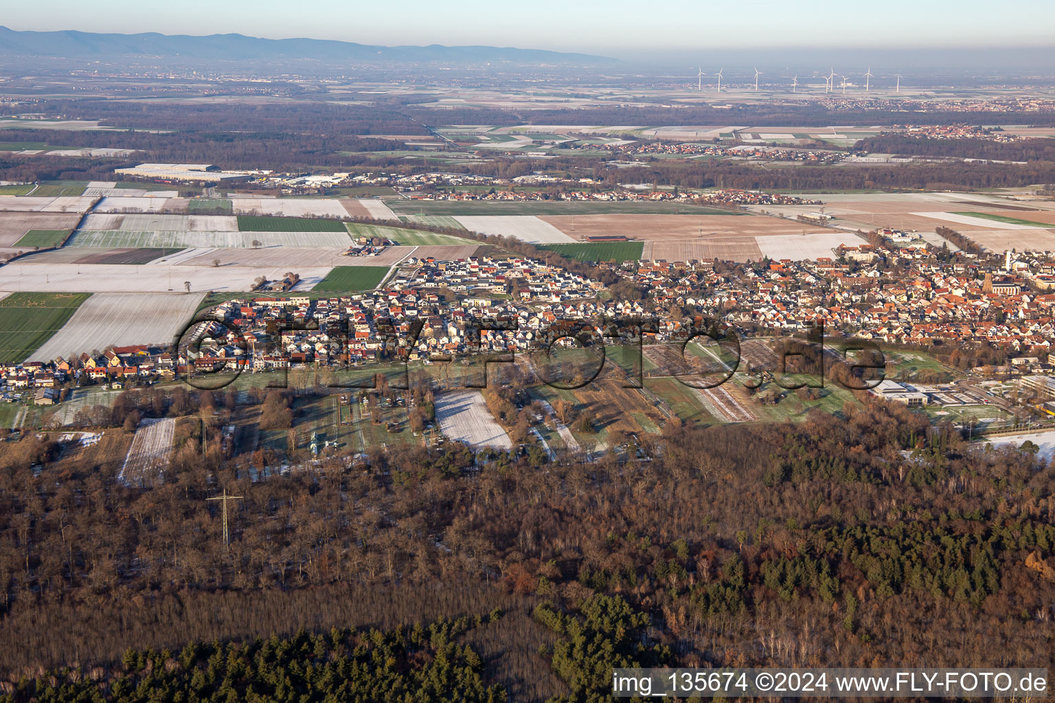 Bird's eye view of New development area K2 in winter with snow in Kandel in the state Rhineland-Palatinate, Germany