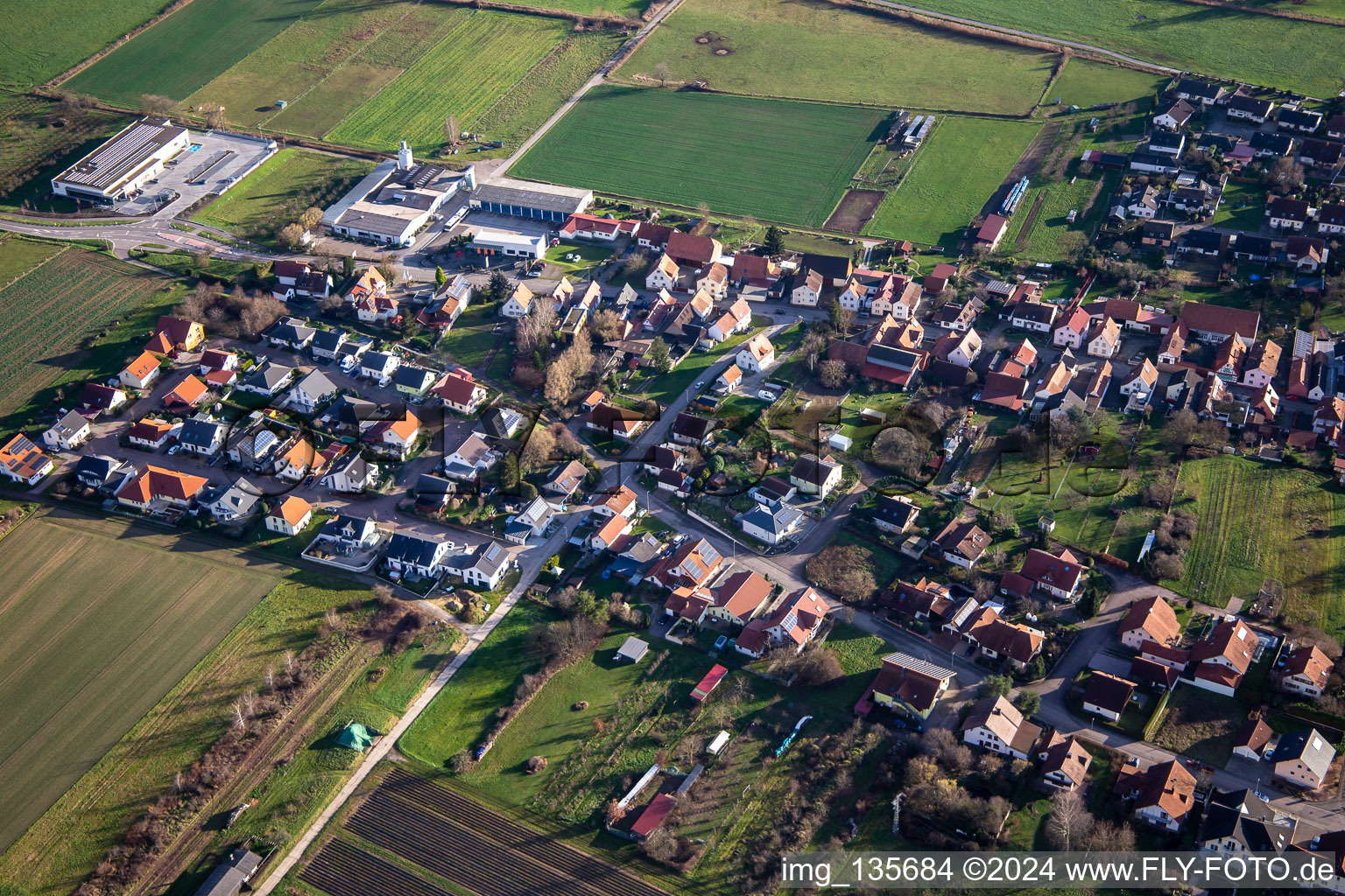 Aerial view of Aldi, Friedmann-Reisen on the main road L546 in Schweighofen in the state Rhineland-Palatinate, Germany