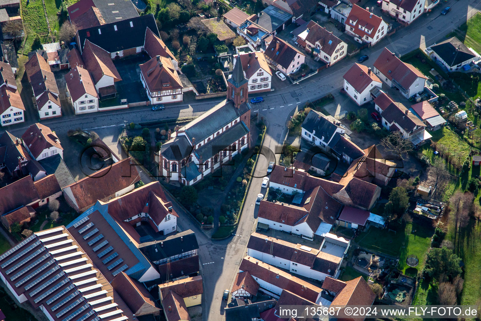 Aerial view of Church of St. Lawrence in Schweighofen in the state Rhineland-Palatinate, Germany