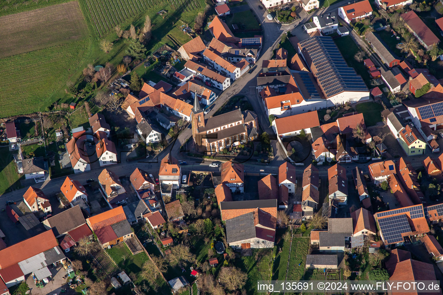 Aerial photograpy of Church of St. Lawrence in Schweighofen in the state Rhineland-Palatinate, Germany