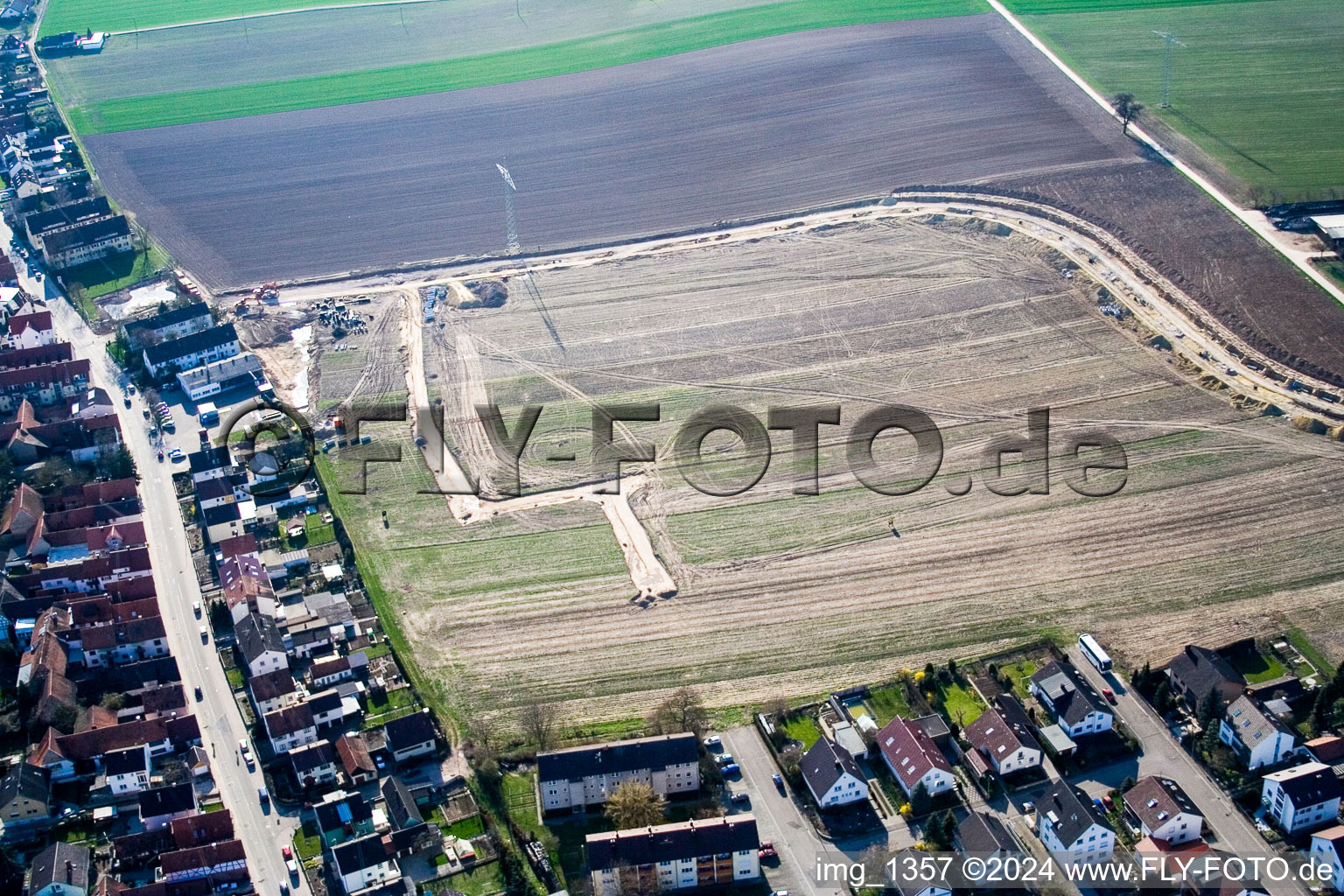 Aerial view of Construction sites for new construction residential area of detached housing estate Am Hoehenweg in Kandel in the state Rhineland-Palatinate