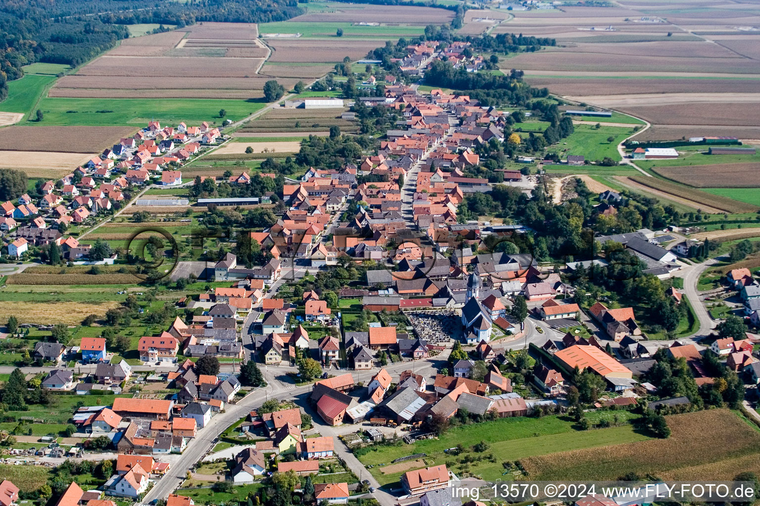 Aerial view of Niederlauterbach in the state Bas-Rhin, France