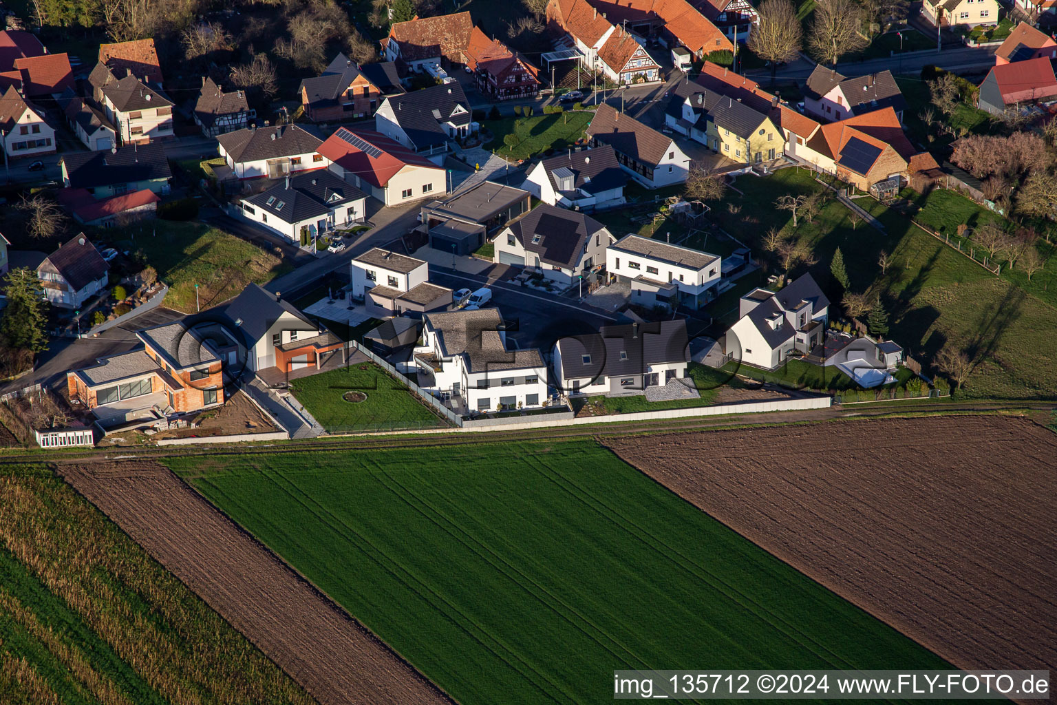 Aerial view of Rue de la Chappelle in Niederlauterbach in the state Bas-Rhin, France