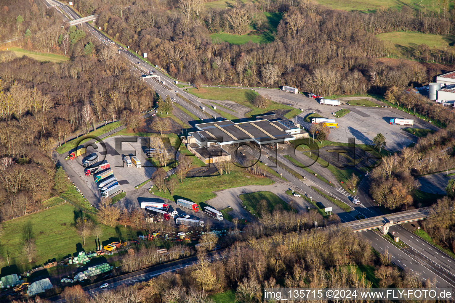 German-French border crossing Scheibenhardt A35/B9 in Scheibenhard in the state Bas-Rhin, France