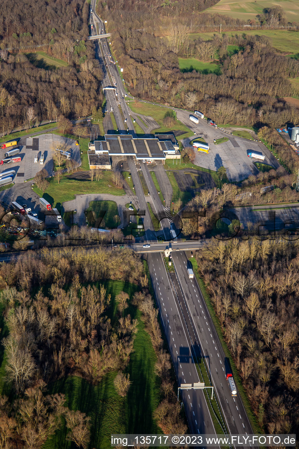 Aerial view of German-French border crossing Scheibenhardt A35/B9 in Scheibenhard in the state Bas-Rhin, France