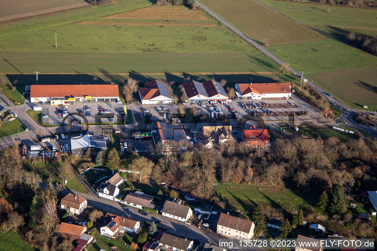 Mühläcker industrial area with shopping centers on the border in Berg in the state Rhineland-Palatinate, Germany