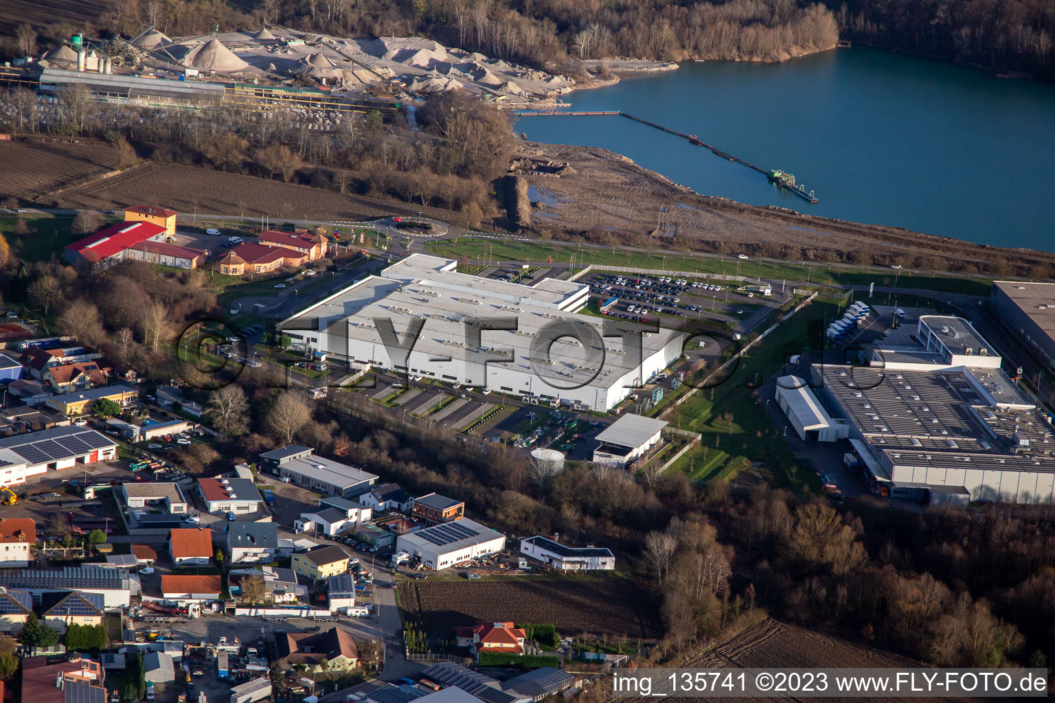 Aerial view of Industrial area Faureciastraße Faurecia GmbH in Hagenbach in the state Rhineland-Palatinate, Germany