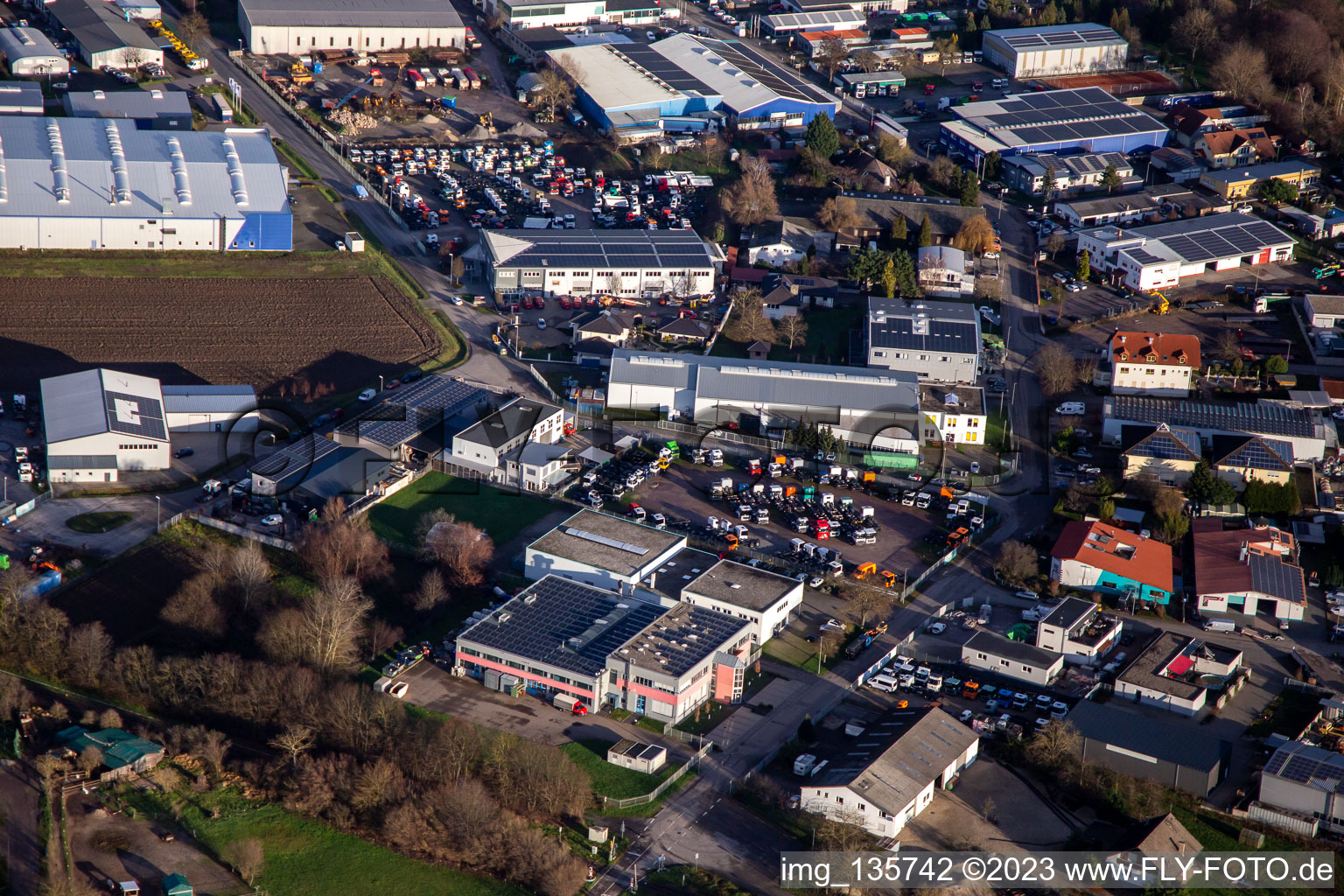 Aerial view of Perläckerstr. commercial area in Hagenbach in the state Rhineland-Palatinate, Germany