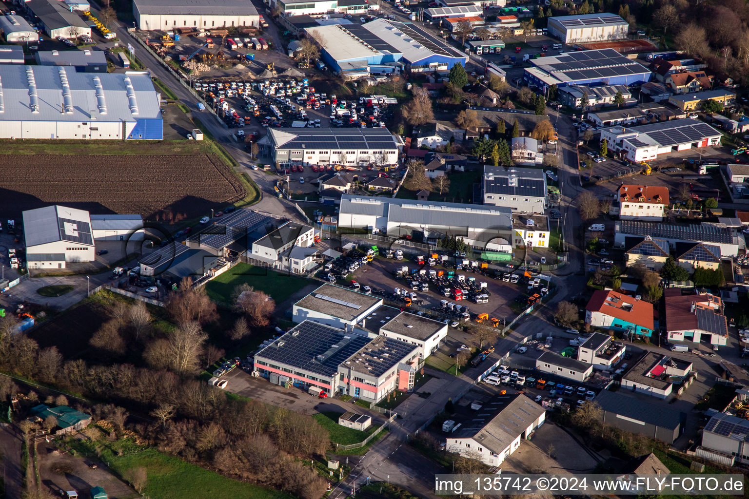 Aerial view of Perläckerstr industrial estate in Hagenbach in the state Rhineland-Palatinate, Germany