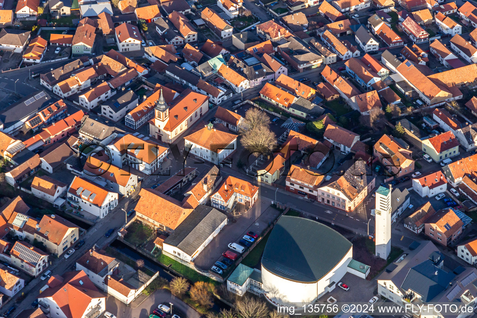 Aerial view of Luitpoldstrasse St. Ägidius in Wörth am Rhein in the state Rhineland-Palatinate, Germany