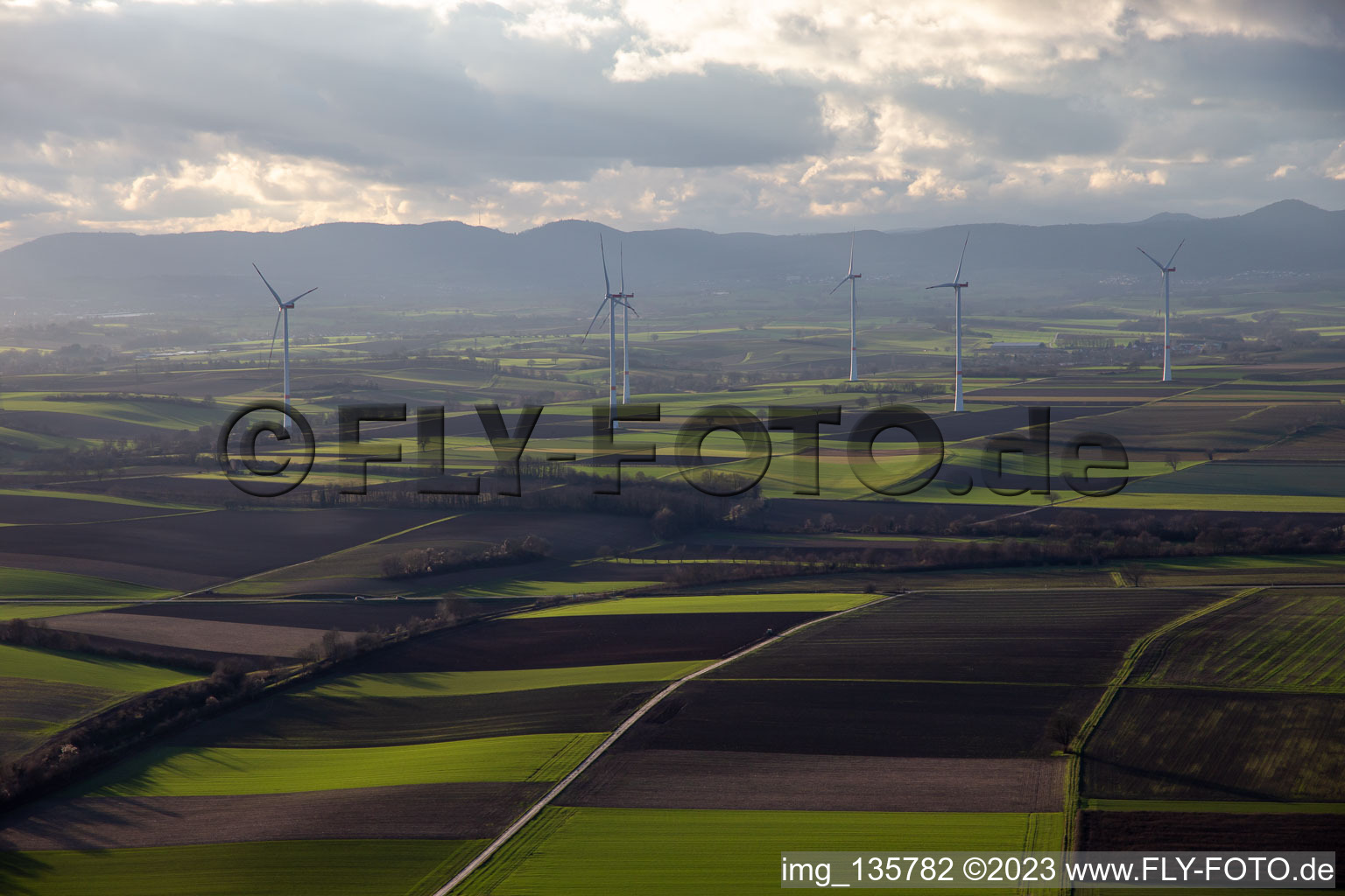 Aerial photograpy of Wind farm Freckenfeld in Freckenfeld in the state Rhineland-Palatinate, Germany