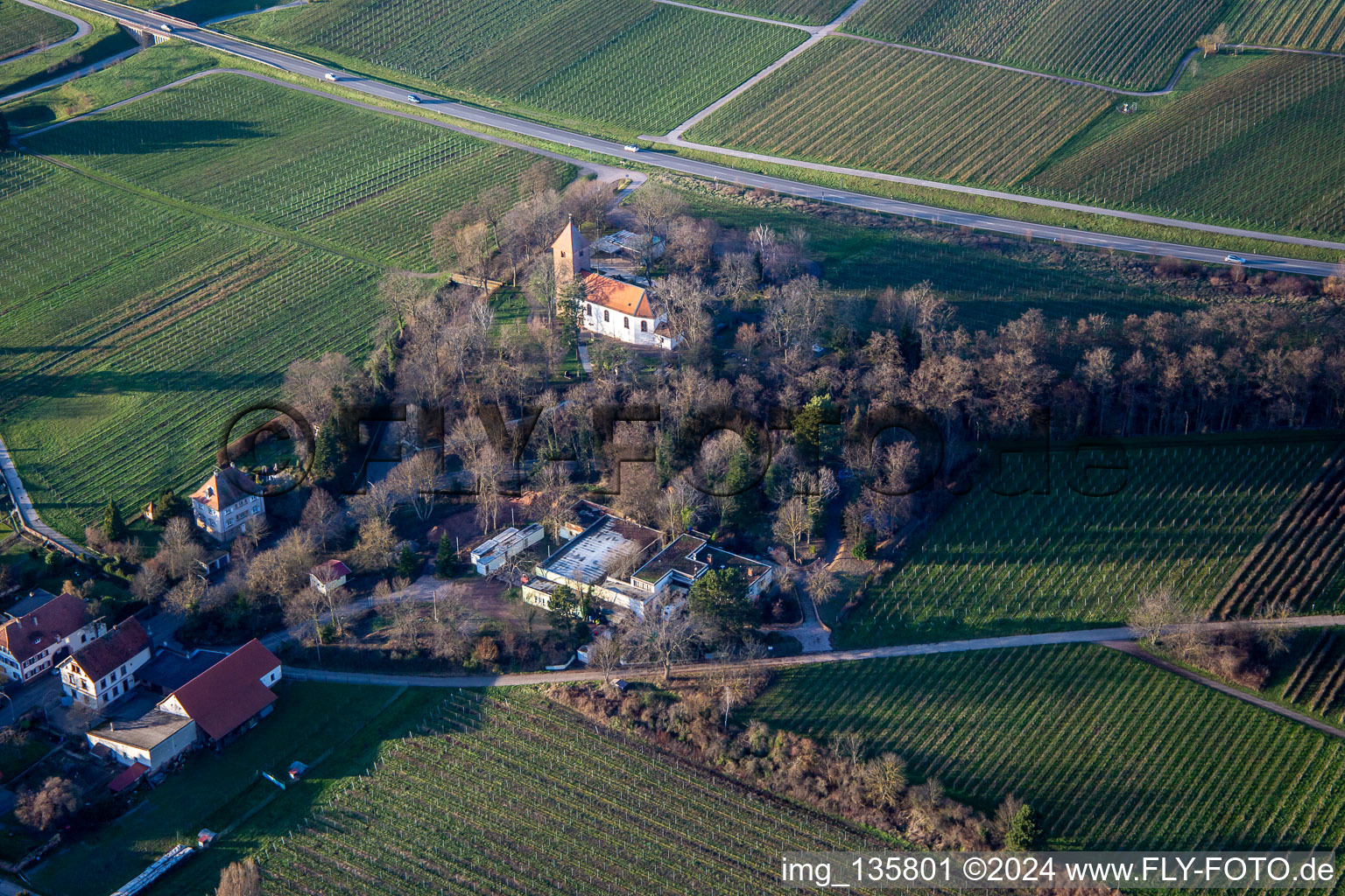 Aerial view of Protestant Church Wollmesheim in the district Wollmesheim in Landau in der Pfalz in the state Rhineland-Palatinate, Germany