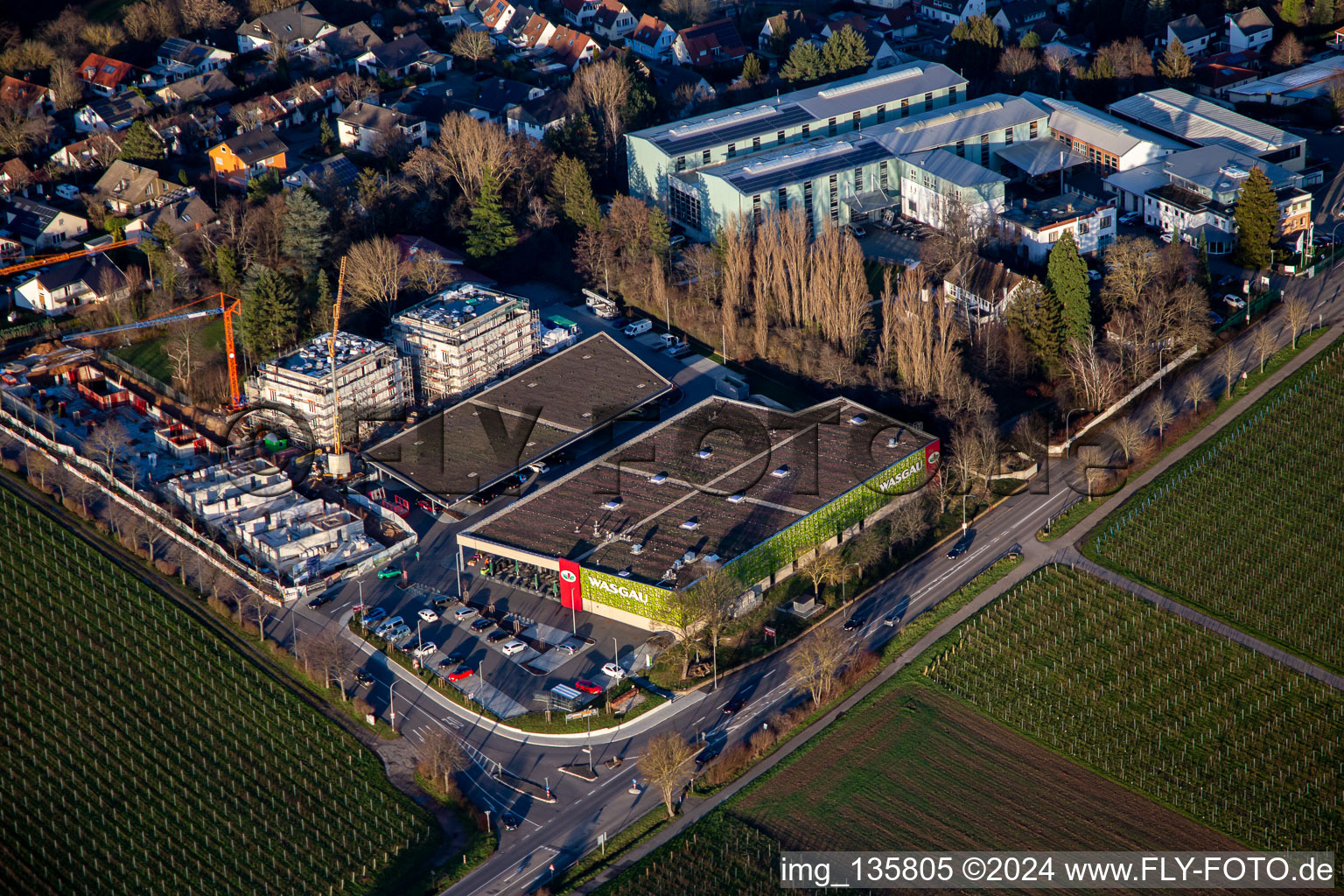 Aerial photograpy of Wasgau Fresh Market Landau at Wollmesheimer Höhe in Landau in der Pfalz in the state Rhineland-Palatinate, Germany