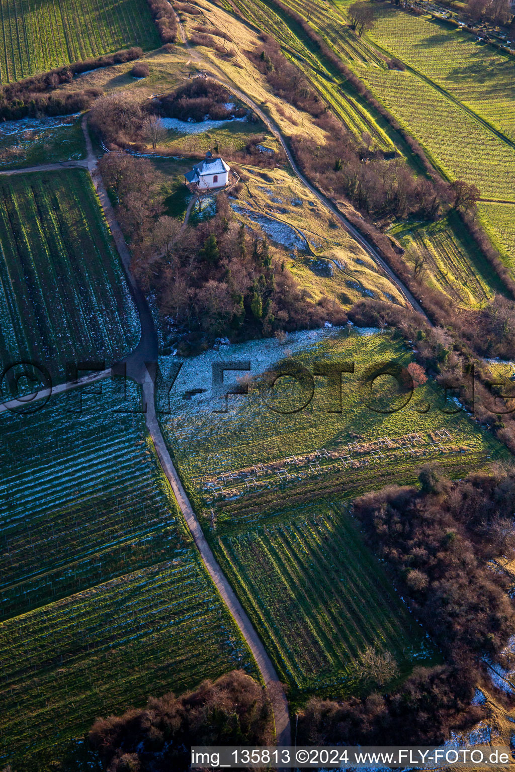 Aerial view of Chapel "Kleine Kalmit" in the Kleine Kalmit nature reserve in the district Ilbesheim in Ilbesheim bei Landau in der Pfalz in the state Rhineland-Palatinate, Germany