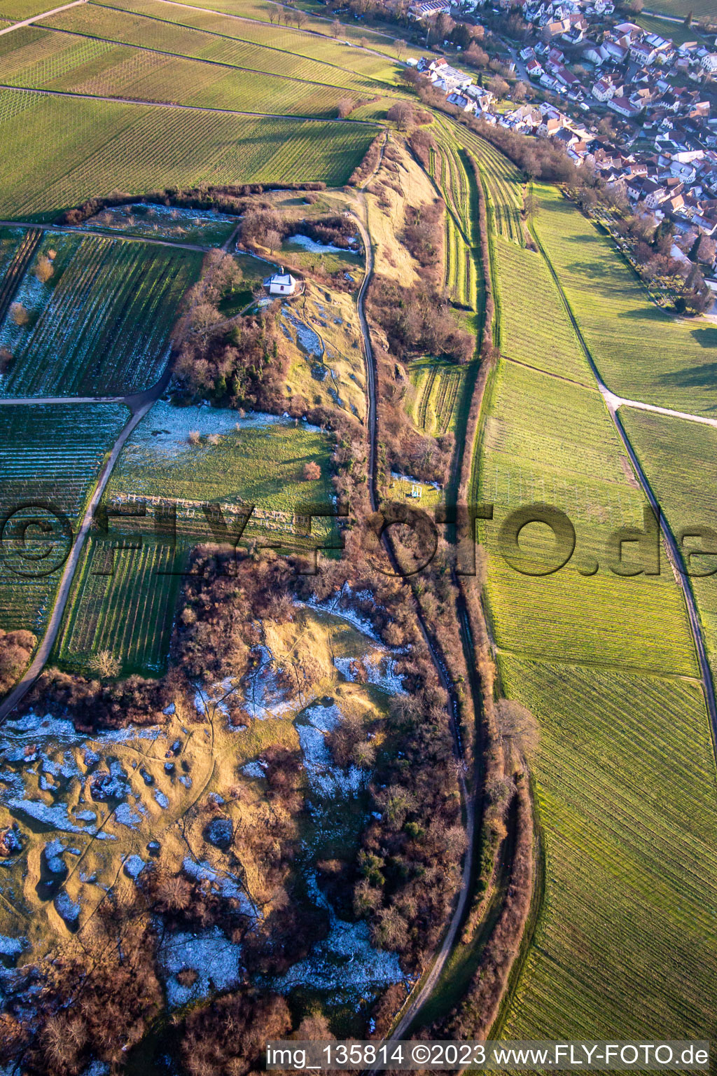 Aerial photograpy of Chapel "Kleine Kalmit" in the Kleine Kalmit nature reserve in the district Ilbesheim in Ilbesheim bei Landau in der Pfalz in the state Rhineland-Palatinate, Germany