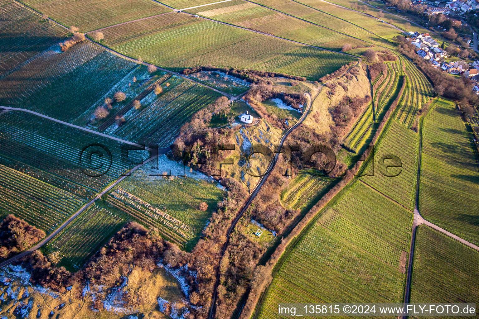 Aerial view of “Kleine Kalmit” chapel in the Kleine Kalmit nature reserve in Ilbesheim bei Landau in der Pfalz in the state Rhineland-Palatinate, Germany