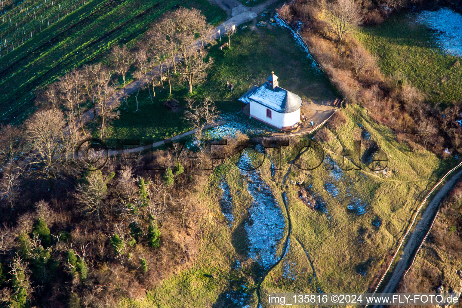 Chapel "Kleine Kalmit" in the Kleine Kalmit nature reserve in the district Ilbesheim in Ilbesheim bei Landau in der Pfalz in the state Rhineland-Palatinate, Germany from above