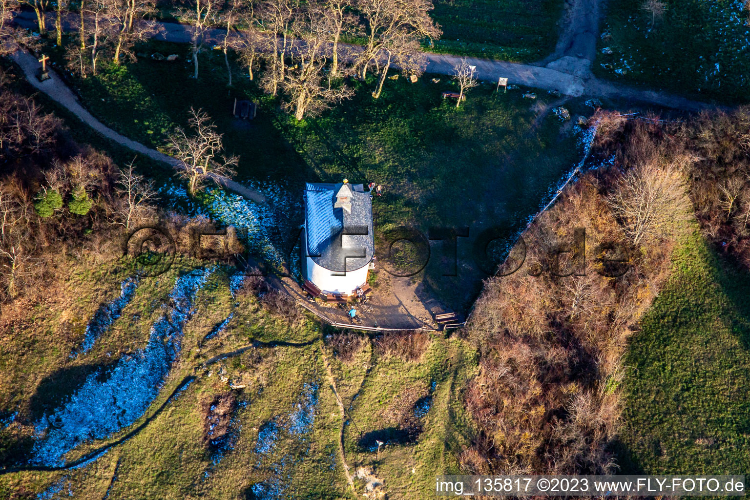 Chapel "Kleine Kalmit" in the Kleine Kalmit nature reserve in the district Ilbesheim in Ilbesheim bei Landau in der Pfalz in the state Rhineland-Palatinate, Germany out of the air