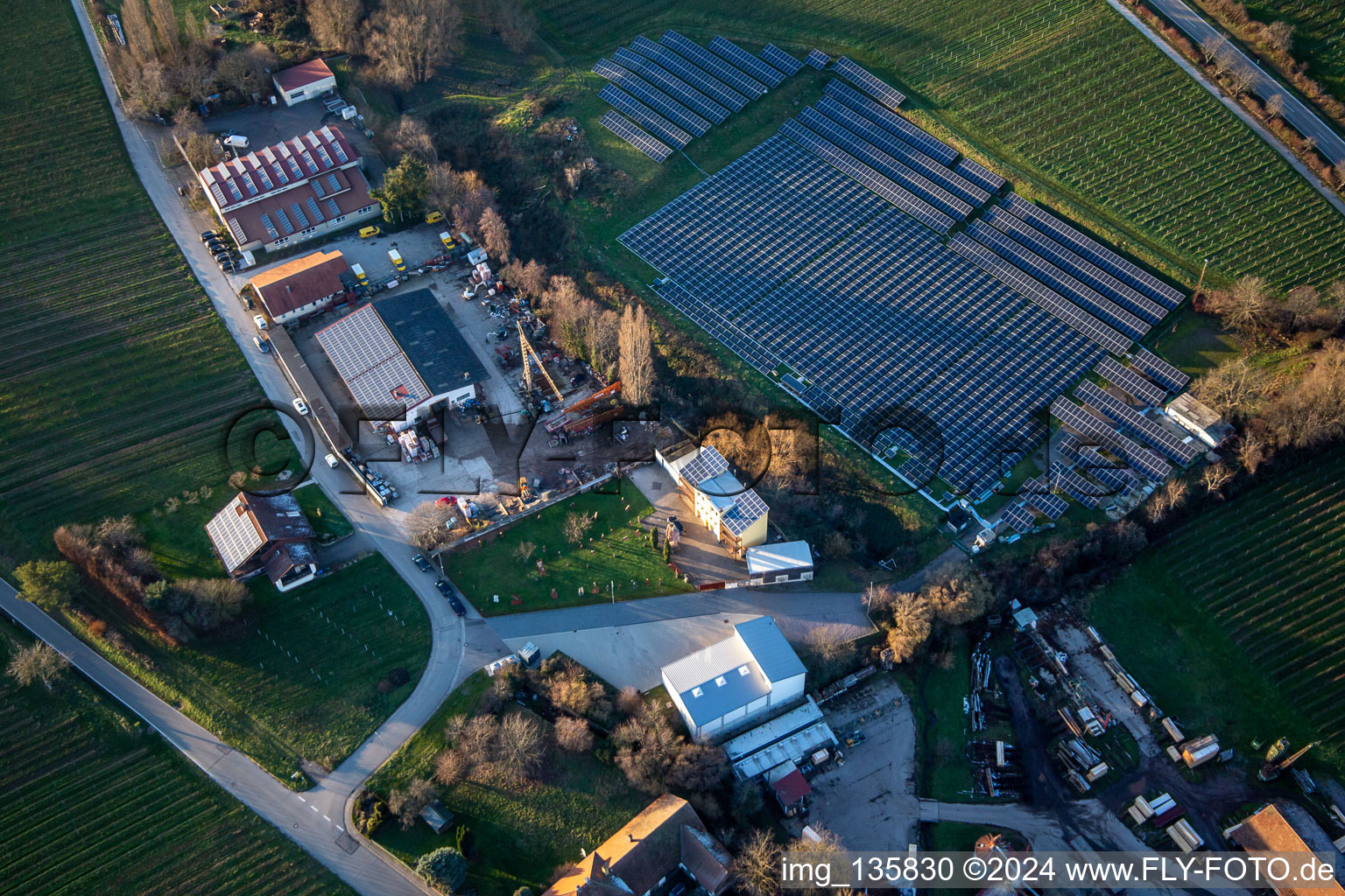 Aerial view of Solar field at Hainbachtal in Böchingen in the state Rhineland-Palatinate, Germany