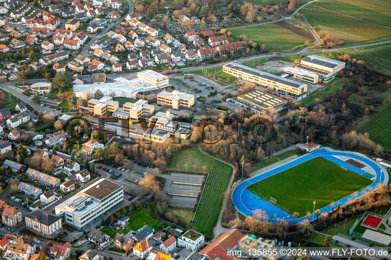 Aerial view of Paul-Gillet-Realschule plus, Weinstraße ; Gymnasium and large sports hall Edenkoben in Edenkoben in the state Rhineland-Palatinate, Germany