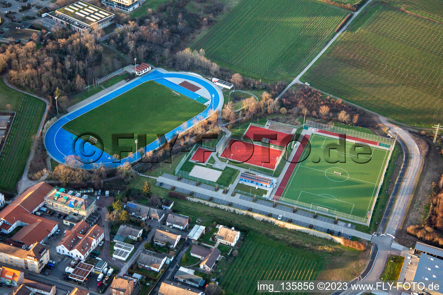 Aerial view of Weinstraße stadium and Edenkoben sports field in Maikammer in the state Rhineland-Palatinate, Germany