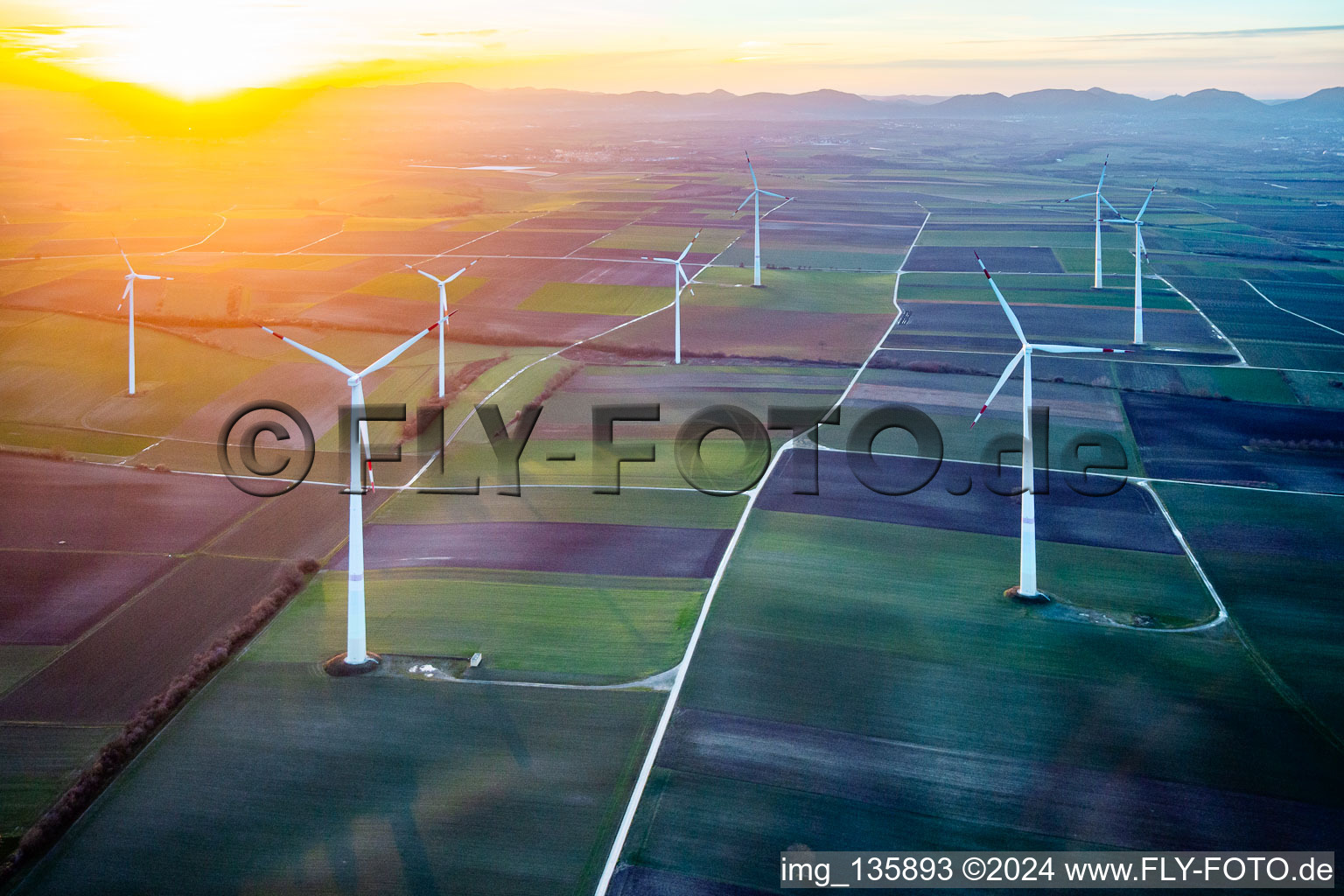 Wind farm Offenbach an der Queich II at sunset /wind power in the district Offenbach in Offenbach an der Queich in the state Rhineland-Palatinate, Germany