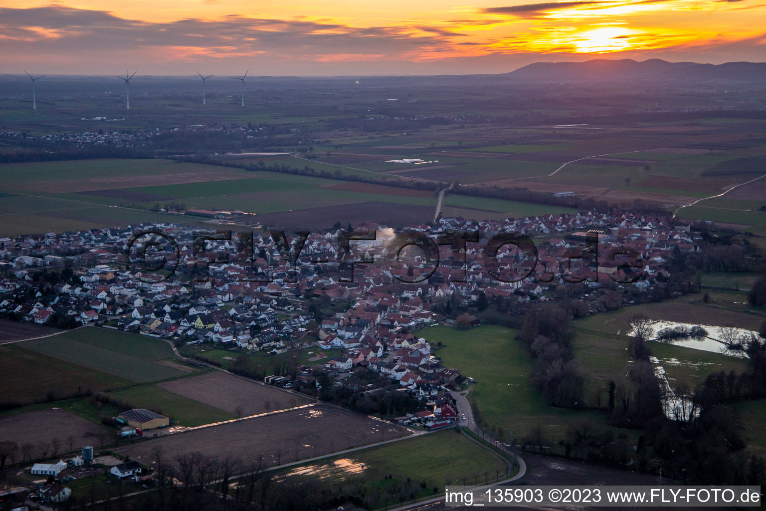 Aerial view of At sunset in Steinweiler in the state Rhineland-Palatinate, Germany