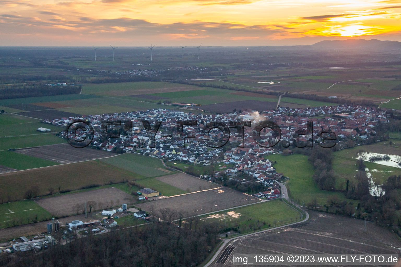 Aerial photograpy of At sunset in Steinweiler in the state Rhineland-Palatinate, Germany