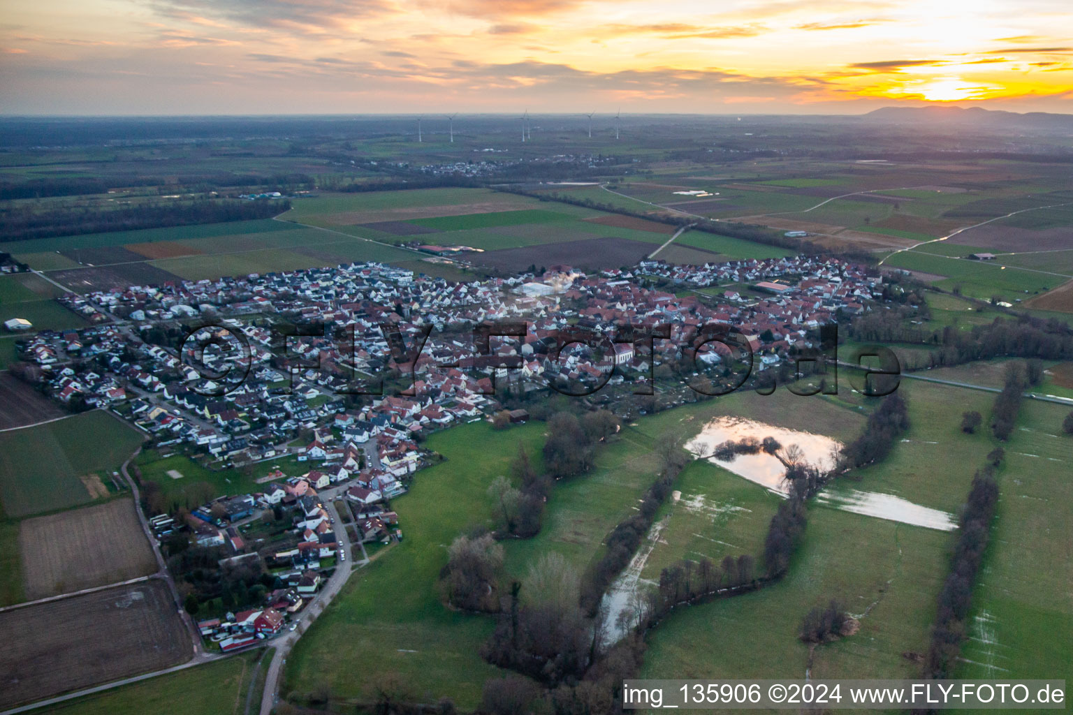 Oblique view of At sunset in Steinweiler in the state Rhineland-Palatinate, Germany