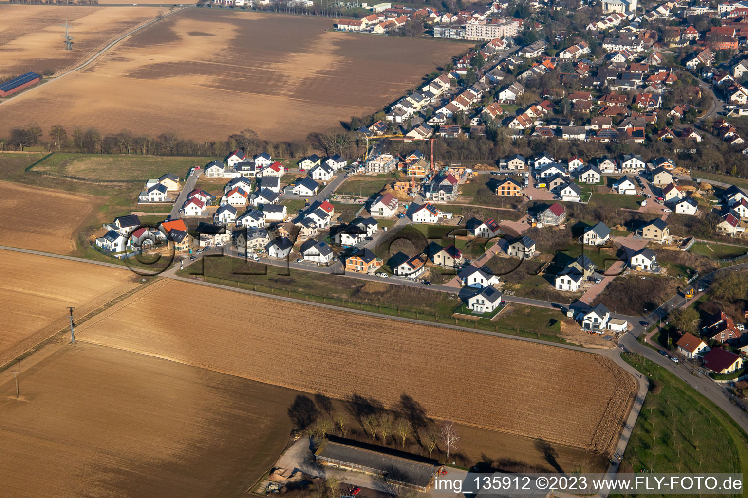 Aerial view of New development area K2 in winter in Kandel in the state Rhineland-Palatinate, Germany
