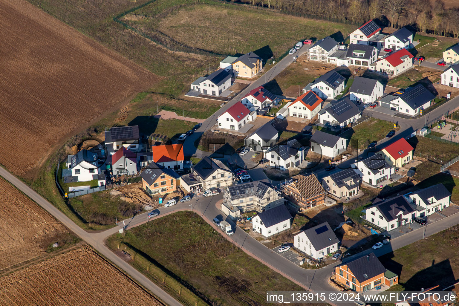 Veilchenweg in the new development area K2 in winter in Kandel in the state Rhineland-Palatinate, Germany