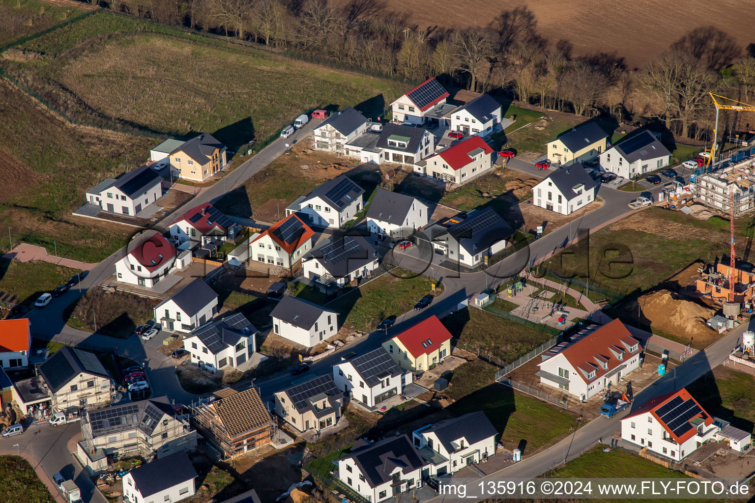 Aerial view of Violet path in the new development area K2 in winter in Kandel in the state Rhineland-Palatinate, Germany