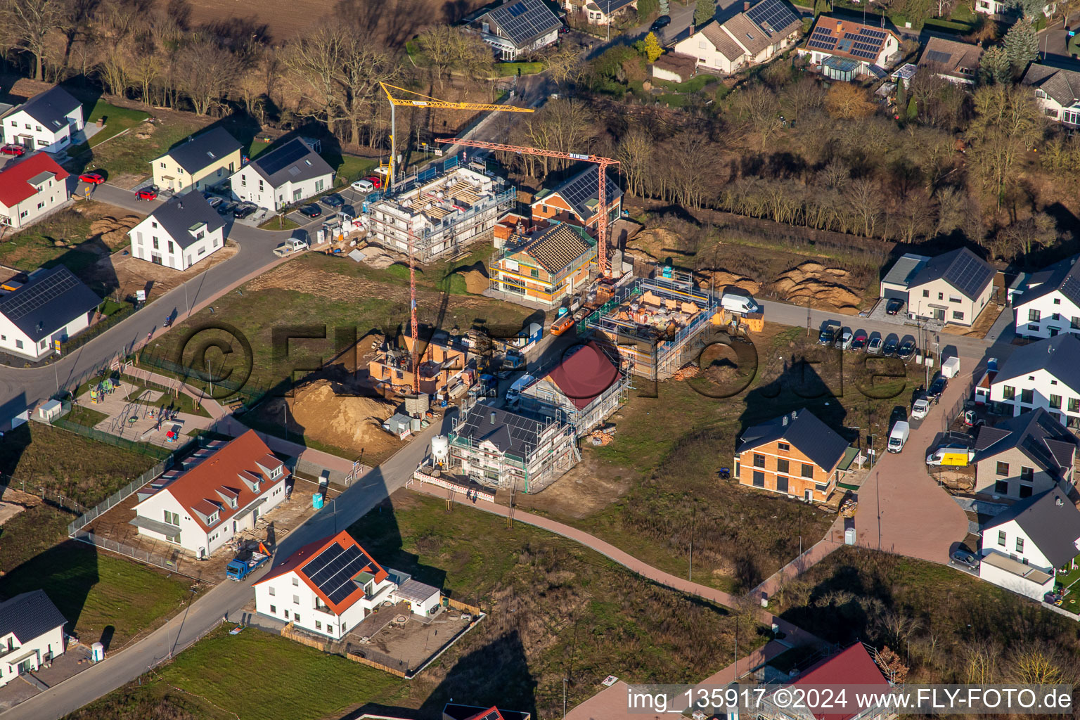 Aerial view of Rosenweg in the new development area K2 in winter in Kandel in the state Rhineland-Palatinate, Germany