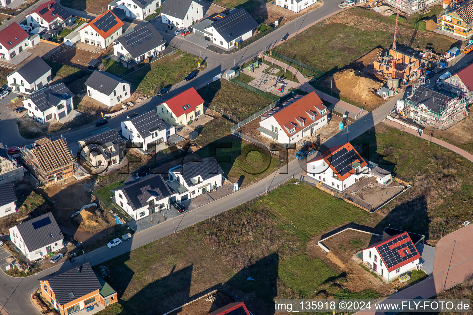 Aerial photograpy of Rosenweg in the new development area K2 in winter in Kandel in the state Rhineland-Palatinate, Germany