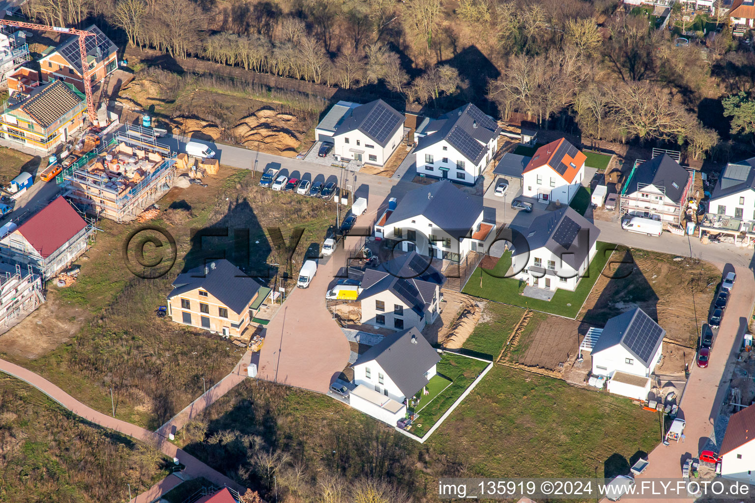 Tulpenweg in the new development area K2 in winter in Kandel in the state Rhineland-Palatinate, Germany