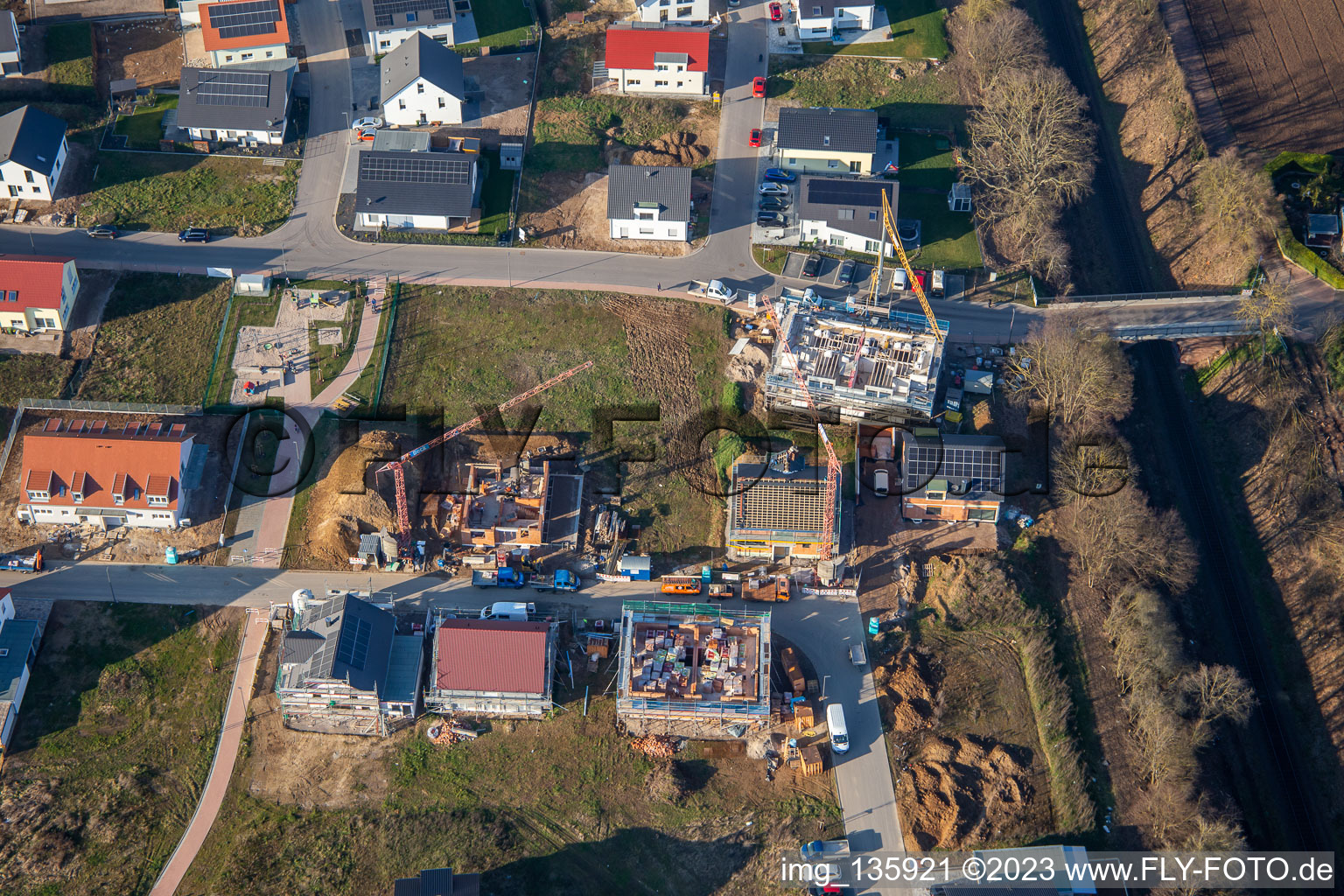 Aerial photograpy of Violet path in the new development area K2 in winter in Kandel in the state Rhineland-Palatinate, Germany