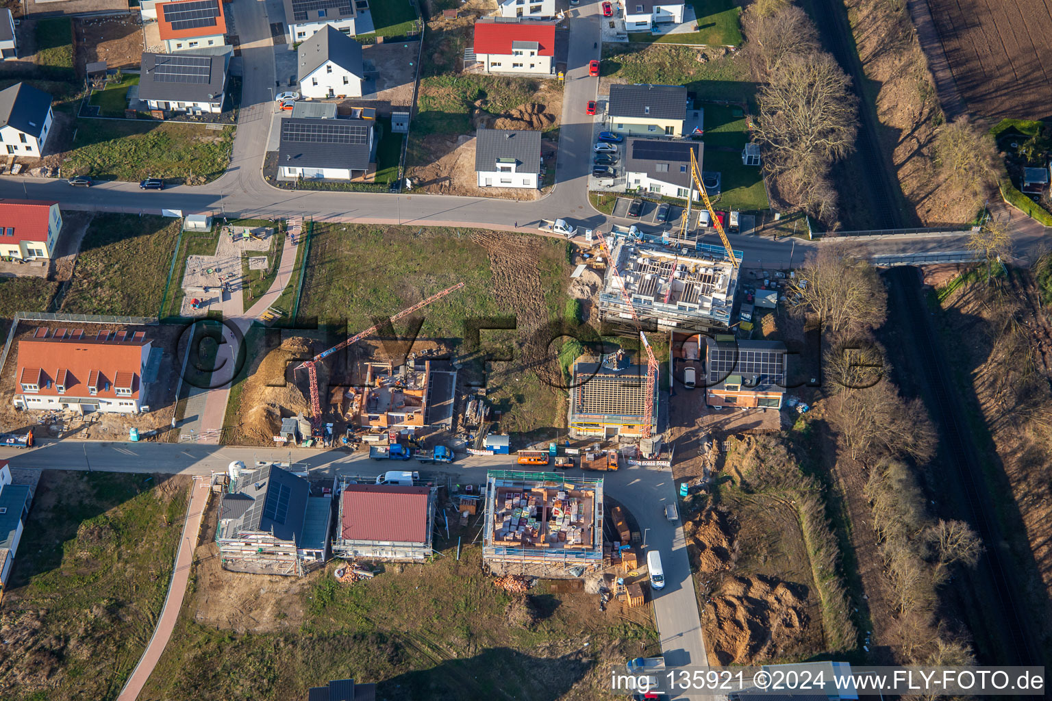 Aerial photograpy of Veilchenweg in the new development area K2 in winter in Kandel in the state Rhineland-Palatinate, Germany