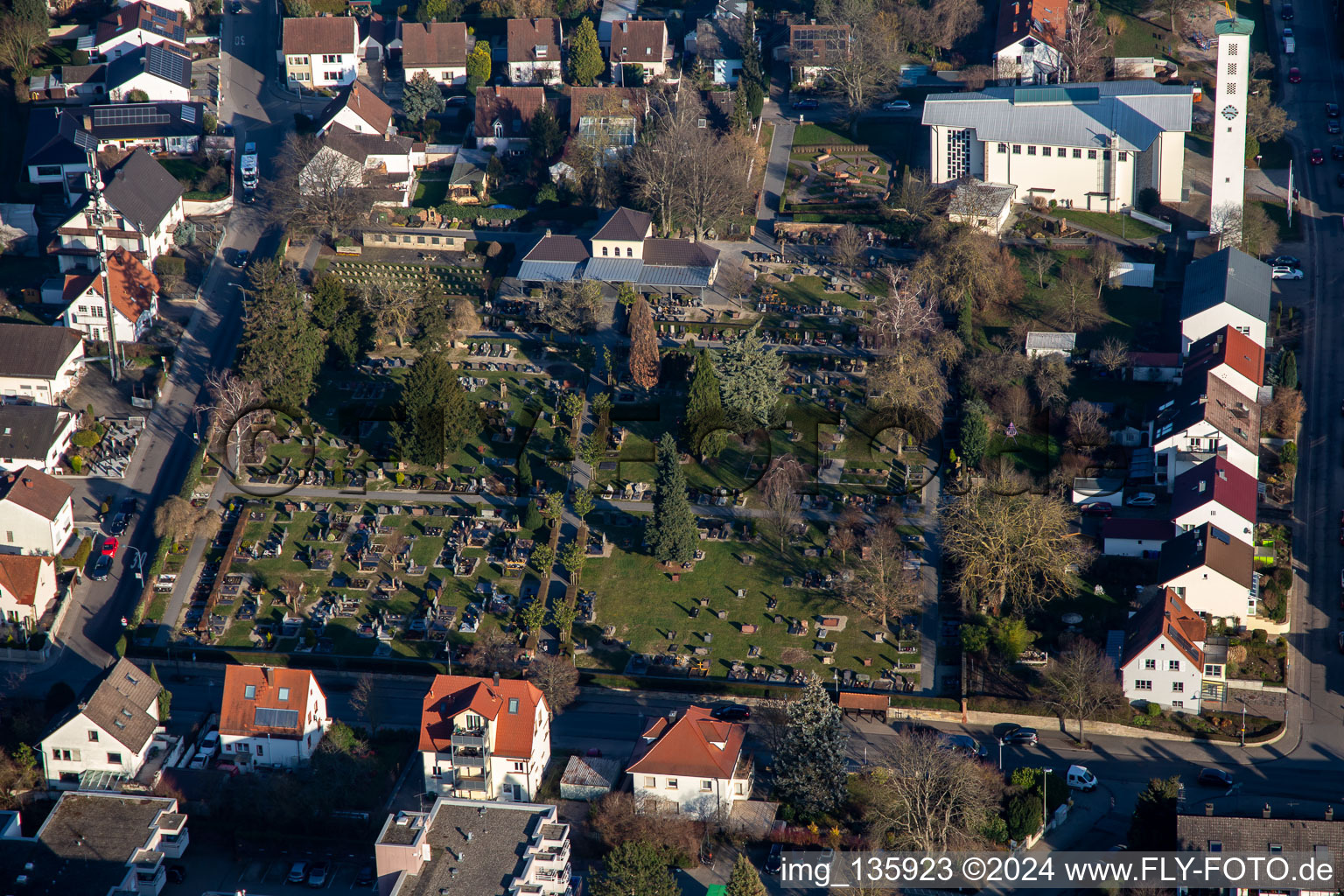 Cemetery and St. Pius Church from the west in Kandel in the state Rhineland-Palatinate, Germany