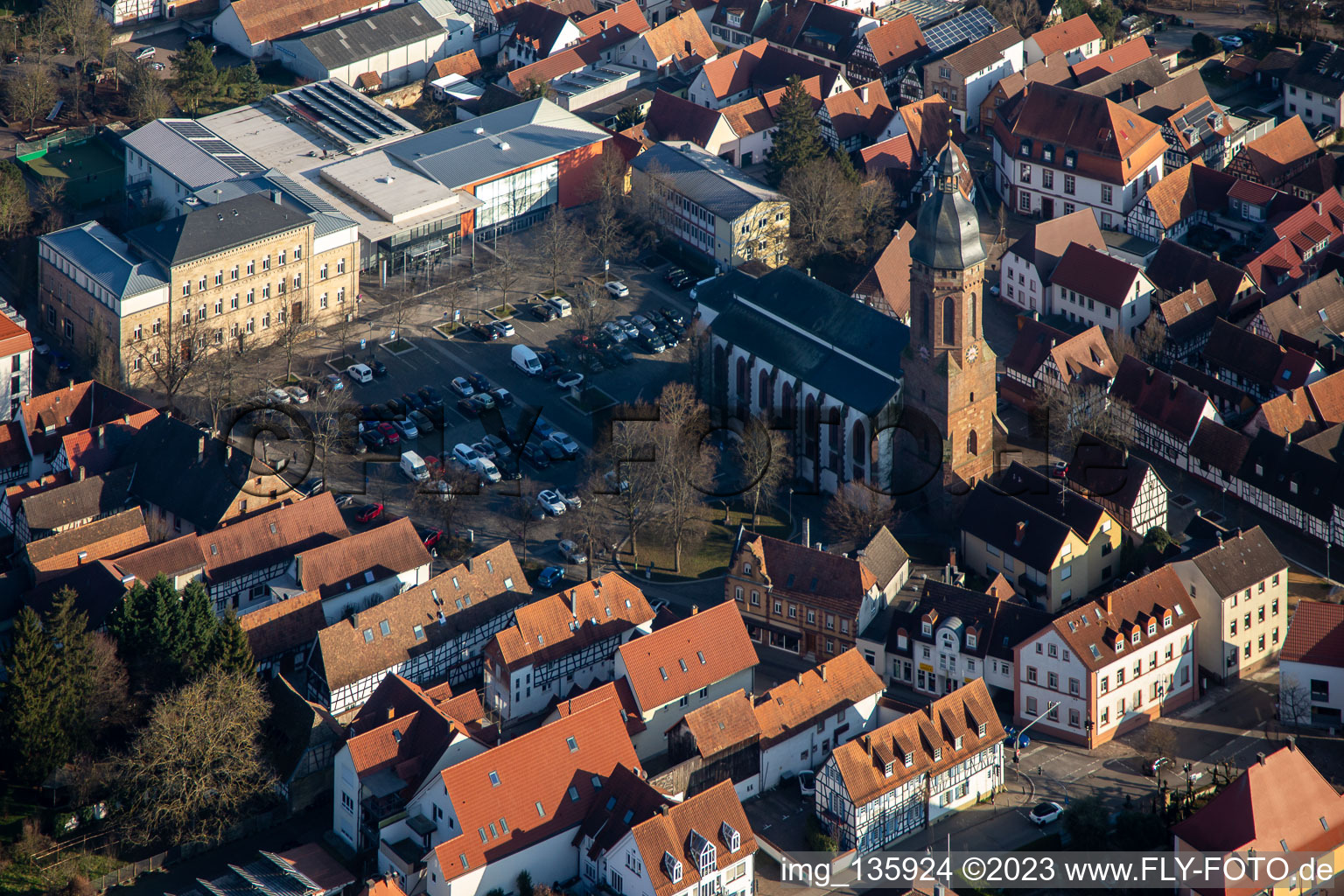 Market square with St. Georg Church and elementary school and town hall in Kandel in the state Rhineland-Palatinate, Germany