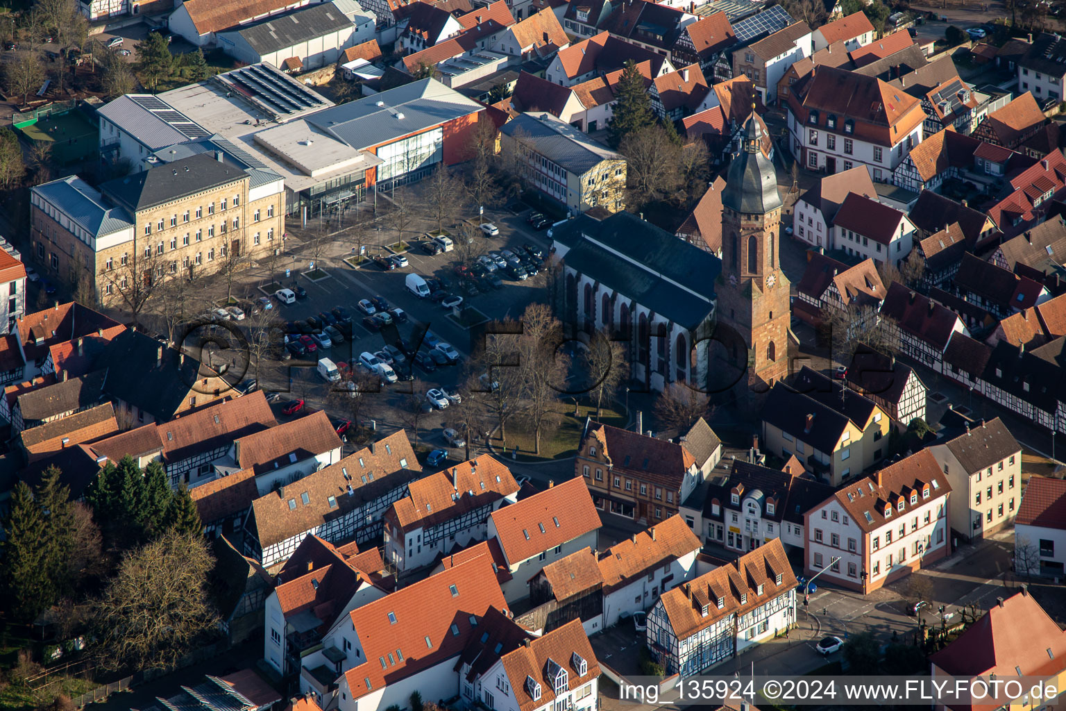 Market square with St. George Church and primary school and town hall in Kandel in the state Rhineland-Palatinate, Germany