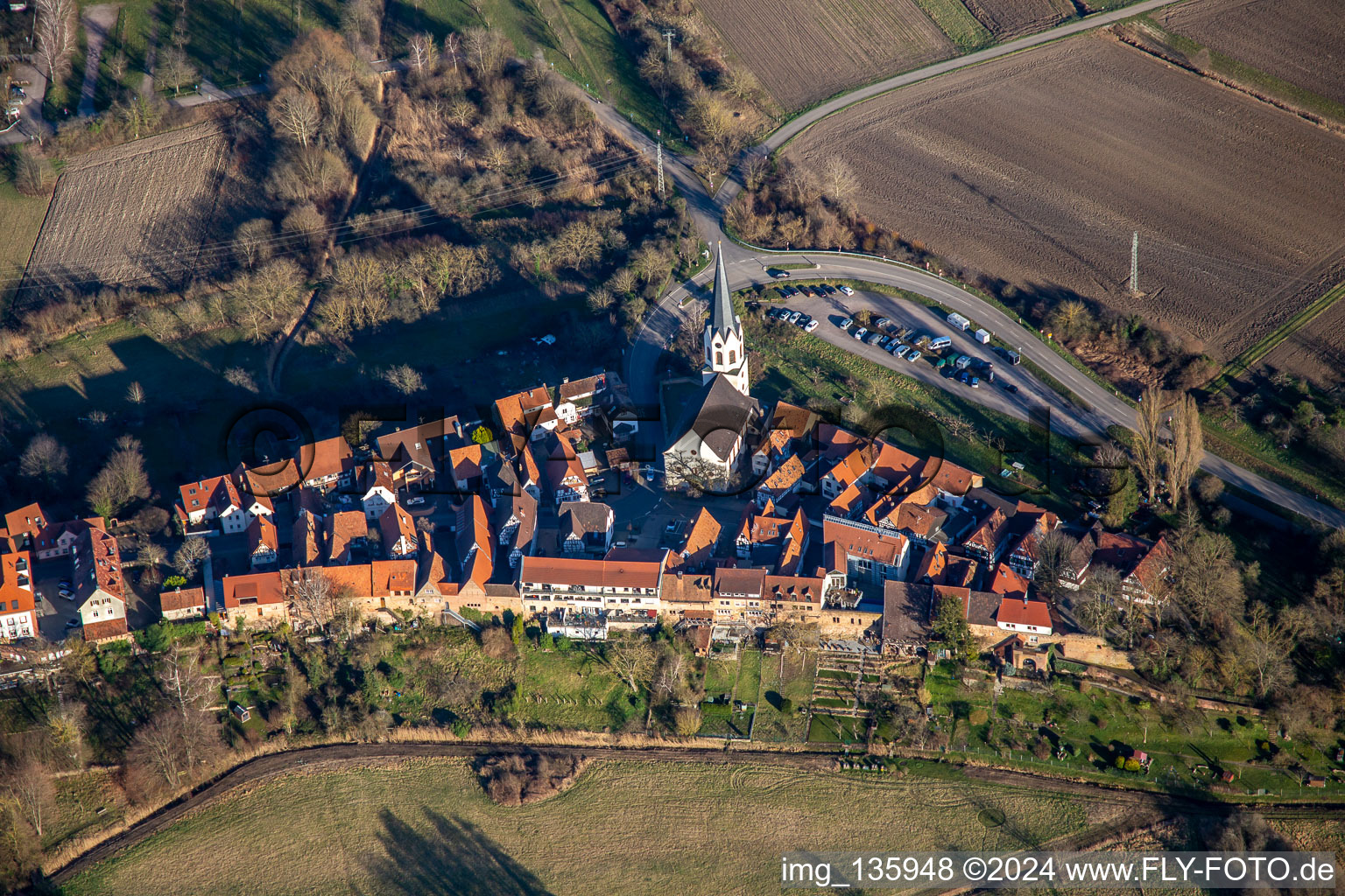 St. Dionysius and Hinterstädel car park in Jockgrim in the state Rhineland-Palatinate, Germany