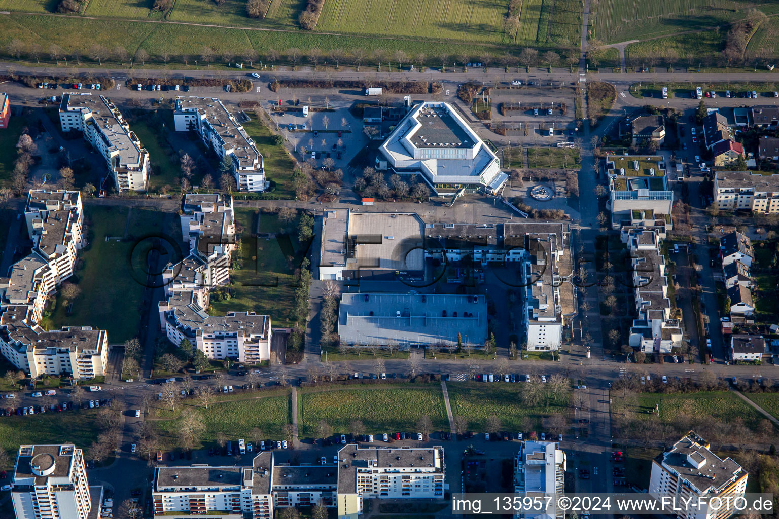 Aerial view of Badnerlandhalle in the district Neureut in Karlsruhe in the state Baden-Wuerttemberg, Germany