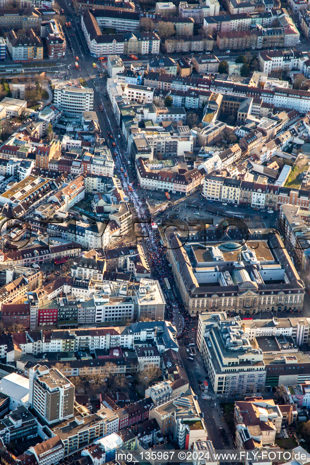 Aerial view of Closing ceremony at the carnival parade in Karlstraße in the district Innenstadt-West in Karlsruhe in the state Baden-Wuerttemberg, Germany