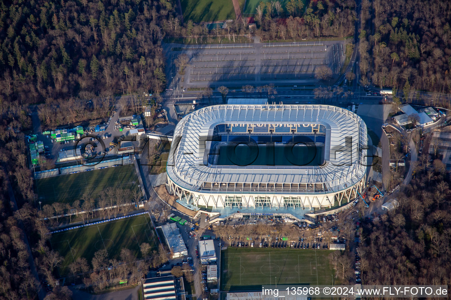 Aerial view of BBBank Wildpark, almost completed new stadium of KSC in the district Innenstadt-Ost in Karlsruhe in the state Baden-Wuerttemberg, Germany