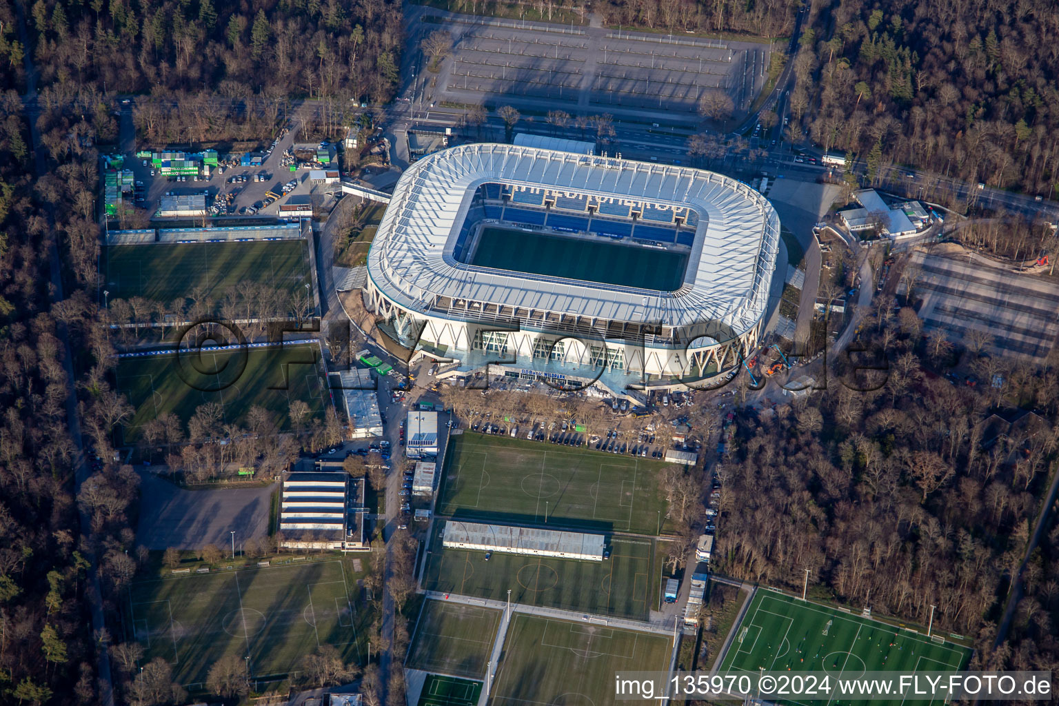 Aerial photograpy of BBBank Wildpark, almost completed new stadium of KSC in the district Innenstadt-Ost in Karlsruhe in the state Baden-Wuerttemberg, Germany