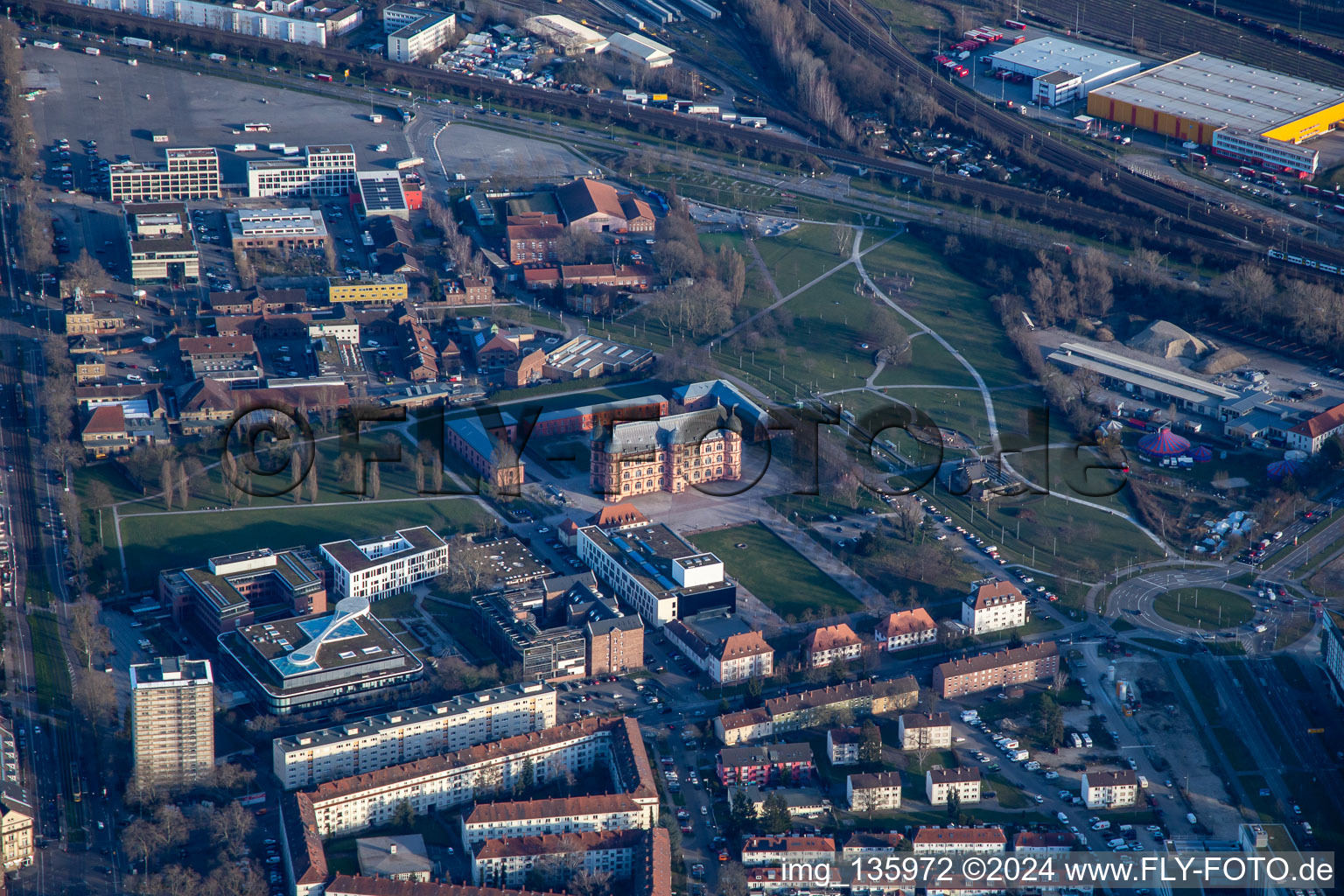 Gottesaue Castle (music college) and green area at Otto-Dullenkopf-Park in the district Oststadt in Karlsruhe in the state Baden-Wuerttemberg, Germany