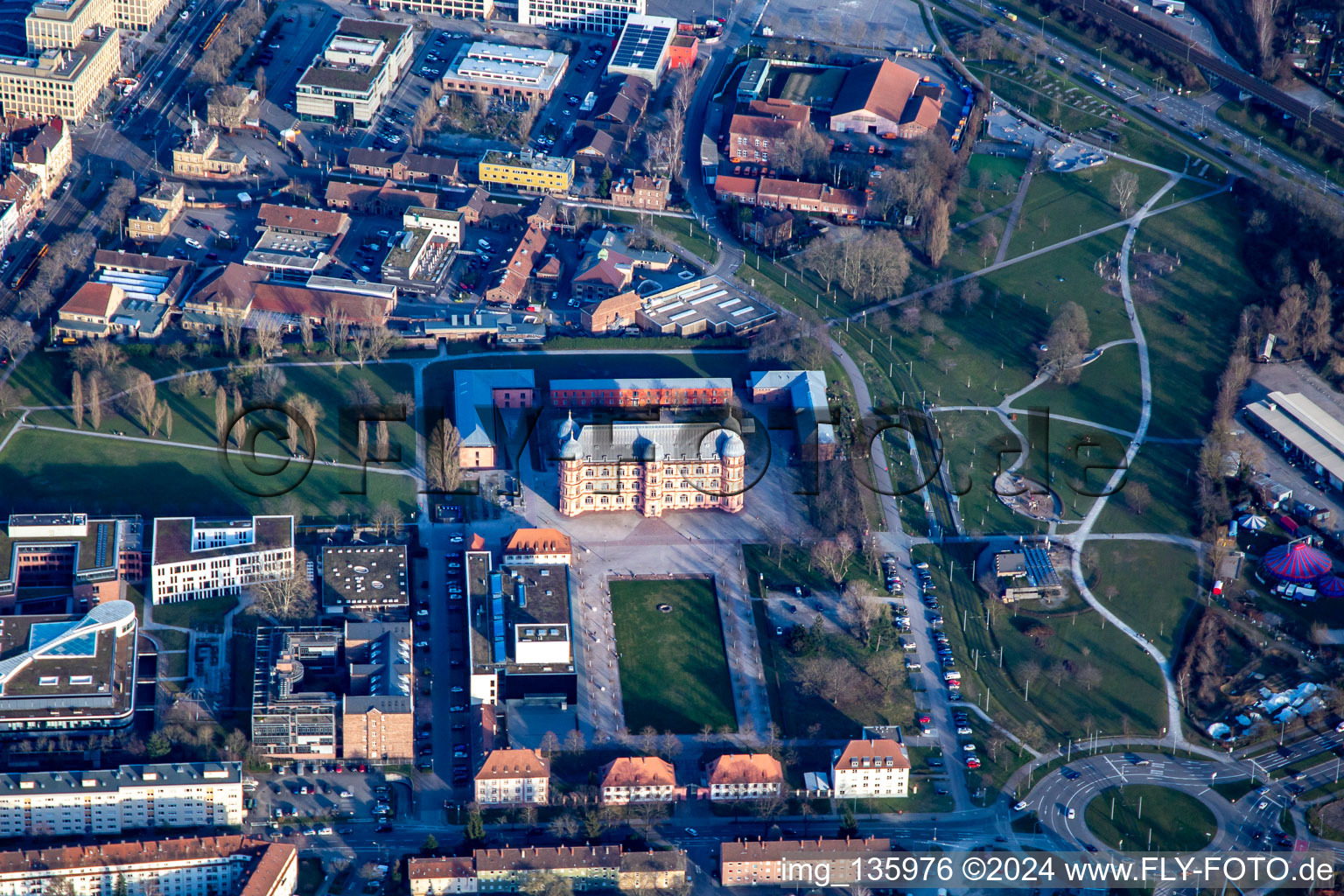 Aerial view of Gottesaue Castle (music college) and green area at Otto-Dullenkopf-Park in the district Oststadt in Karlsruhe in the state Baden-Wuerttemberg, Germany