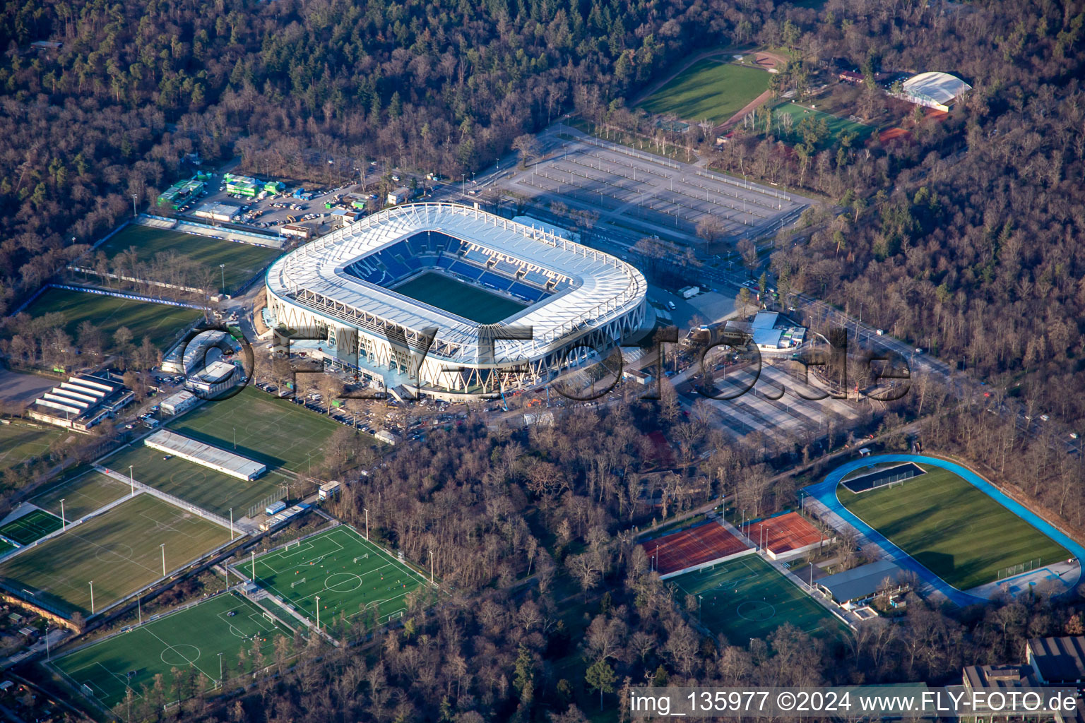 Oblique view of BBBank Wildpark, almost completed new stadium of KSC in the district Innenstadt-Ost in Karlsruhe in the state Baden-Wuerttemberg, Germany