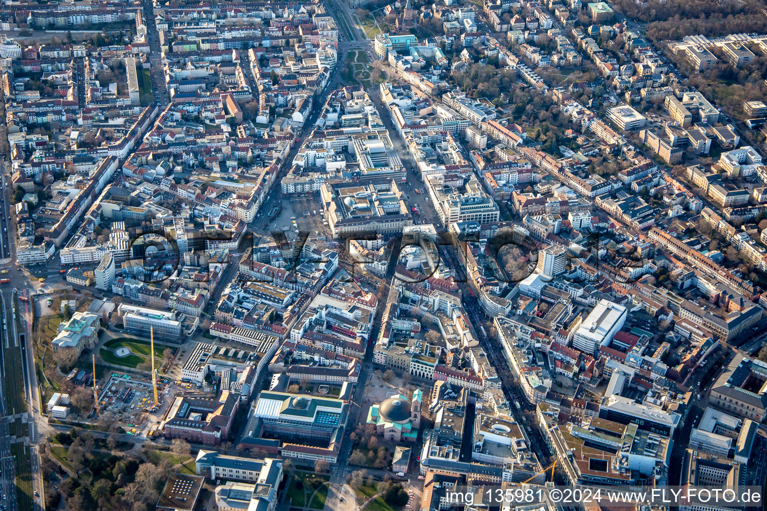 Stephanienstraße, Kaiserstr and Amalienstraße meet at Kaiserplatz / Mühlburger Tor in the district Innenstadt-West in Karlsruhe in the state Baden-Wuerttemberg, Germany