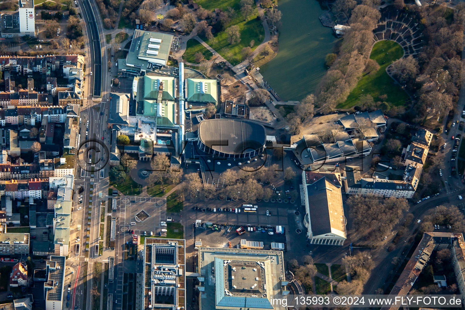 Fairground with Black Forest Hall, Vierortbad, Garden Hall and Nancy Hall on the Stadtgartensee in the district Südweststadt in Karlsruhe in the state Baden-Wuerttemberg, Germany